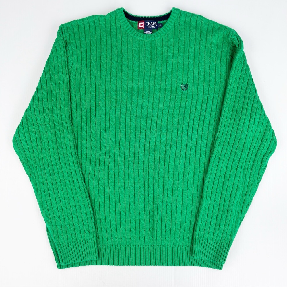 Vintage Chaps Polo Ralph Lauren Green Xmas Cable Knit Pullover Sweater Top